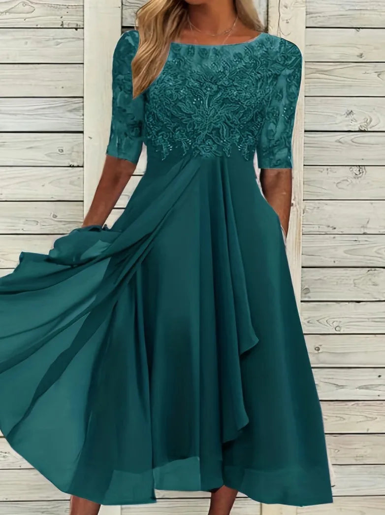 Vestido Midi Elegante Mujer Asimétrico Encaje Chifón Banquete