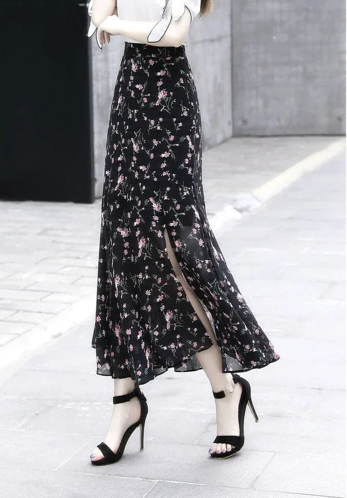 Velvet Midi Skirt - Belted Pleated Long