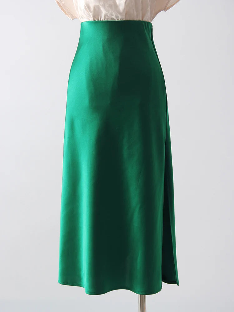 Satin Midi Skirt - A-Line Side Slit