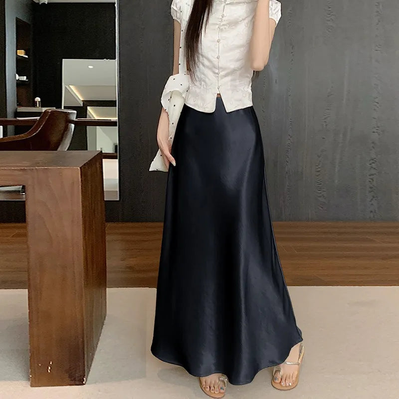 Pink Satin Midi Skirt - High Waist Fishtail Wrap