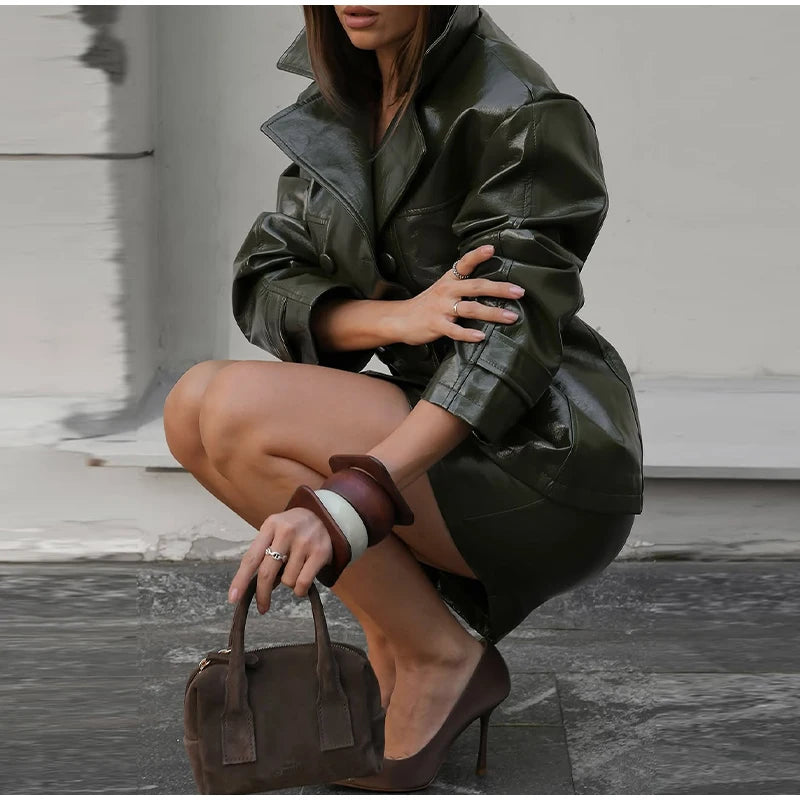 Two Piece Set - Leather Jacket & Mini Skirt