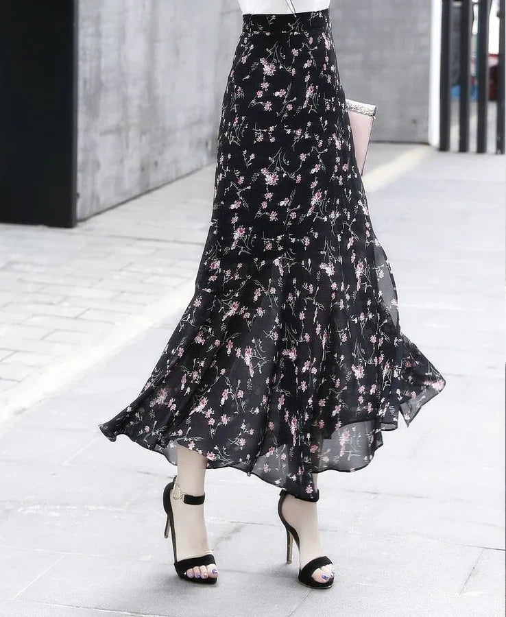 Velvet Midi Skirt - Belted Pleated Long