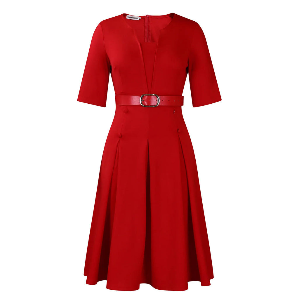 Vestido de Oficina Plisado Escote V Cintura Alta Cinturón Elegante