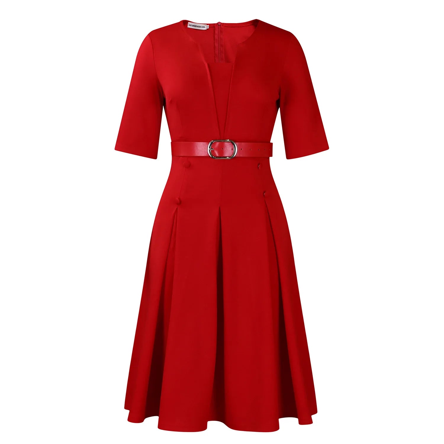 Vestido de Oficina Plisado Escote V Cintura Alta Cinturón Elegante