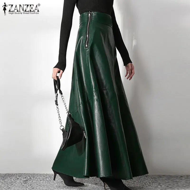 PU Leather Maxi Skirt - High Waist Zipper Style B