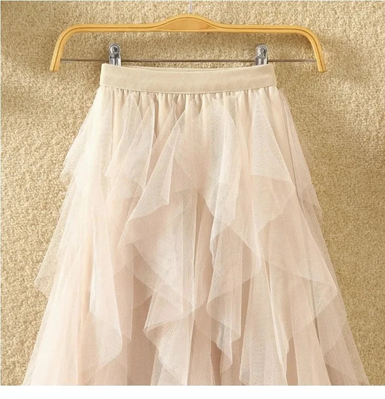 Tutu Tulle Long Maxi Skirt Women Fashion Korean Cute Pink High Waist Pleated Skirt Mesh Female Lady Aesthetic Faldas