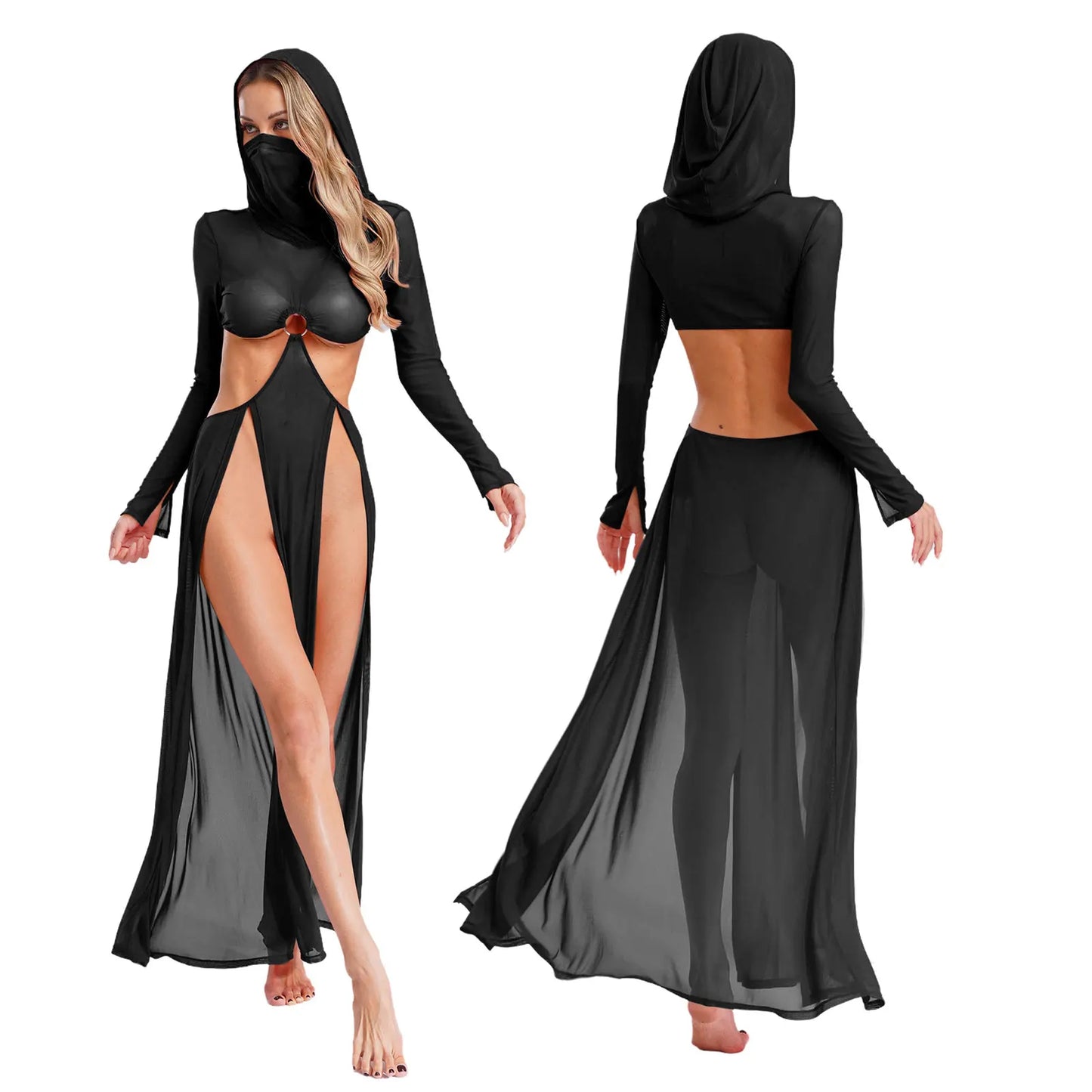 Sheer Maxi Dress - Hooded Face Mask High Slit