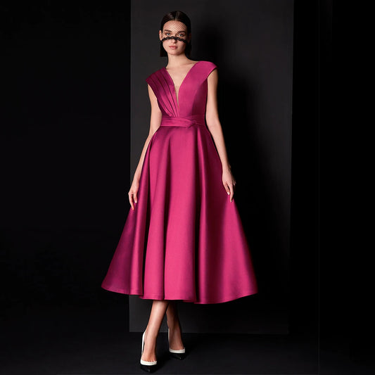 Bridesmaid Midi Dress - Satin Deep V Neck A-Line