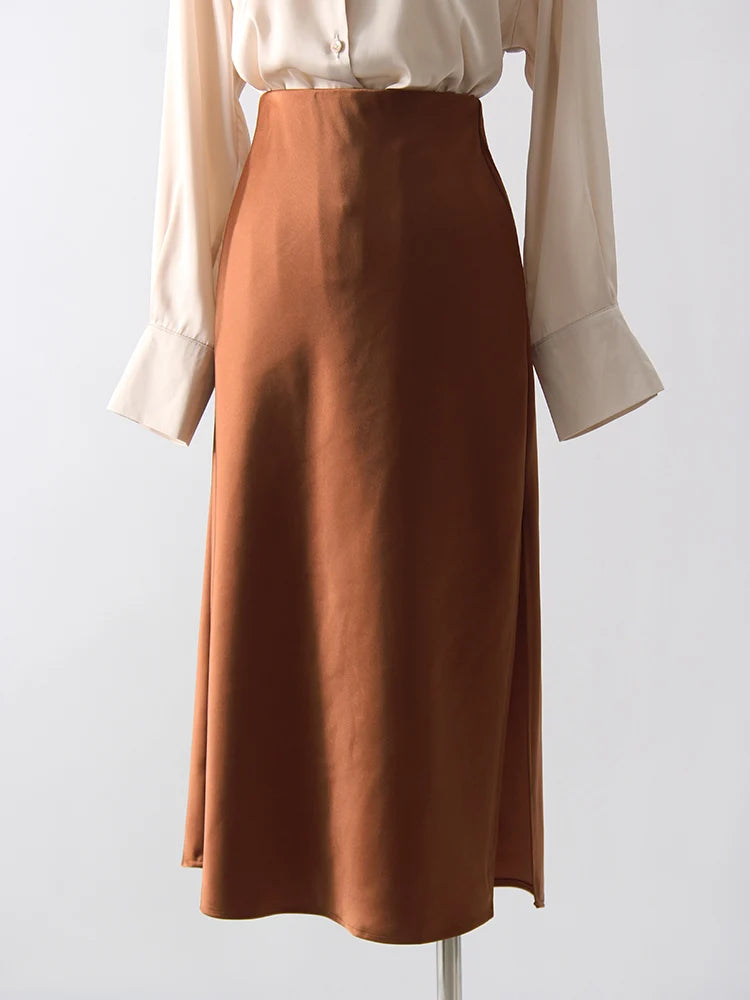 Satin Midi Skirt - A-Line Side Slit