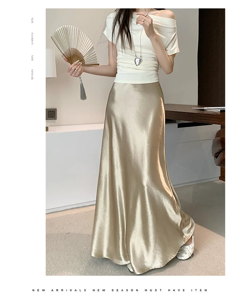 Pink Satin Midi Skirt - High Waist Fishtail Wrap