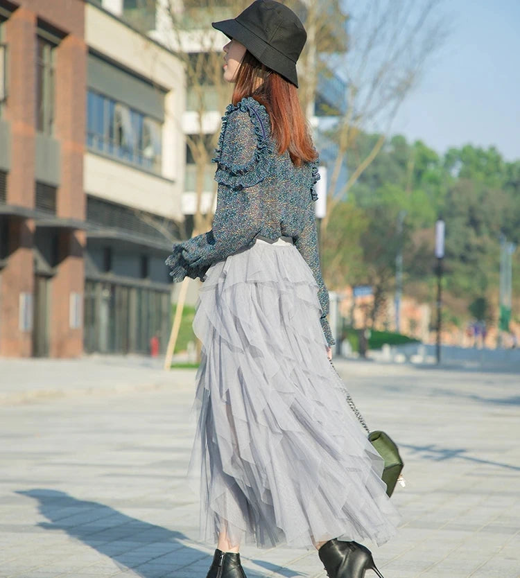 Tulle Maxi Skirt - High Waist Pleated Pink