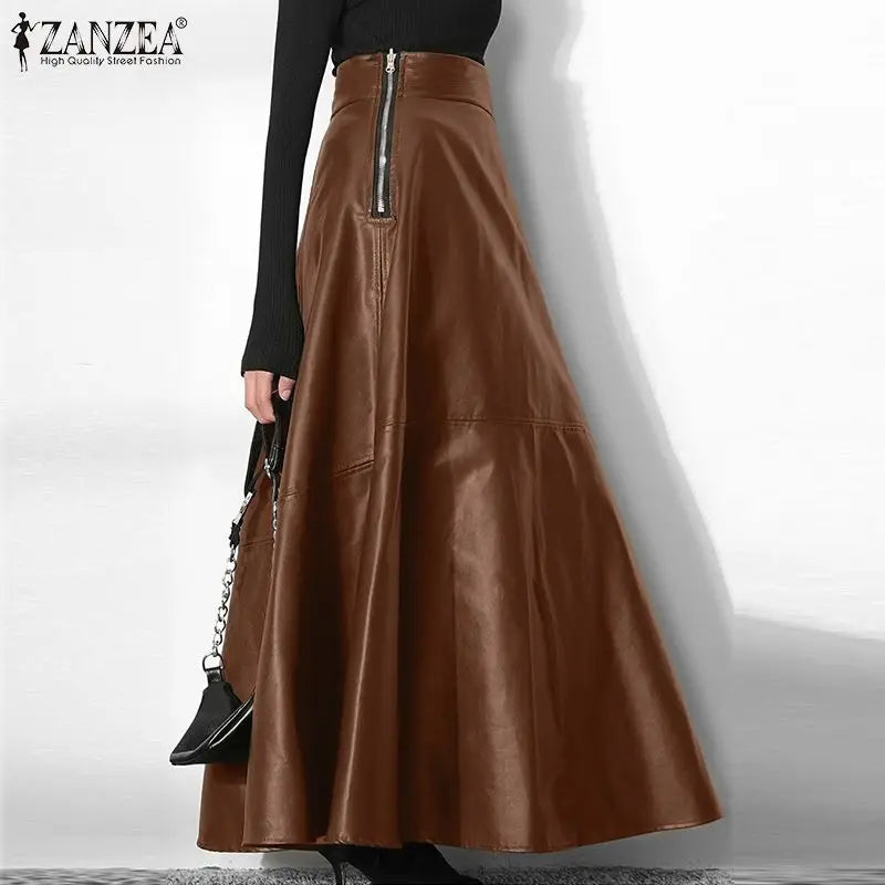 PU Leather Maxi Skirt - High Waist Zipper Style B