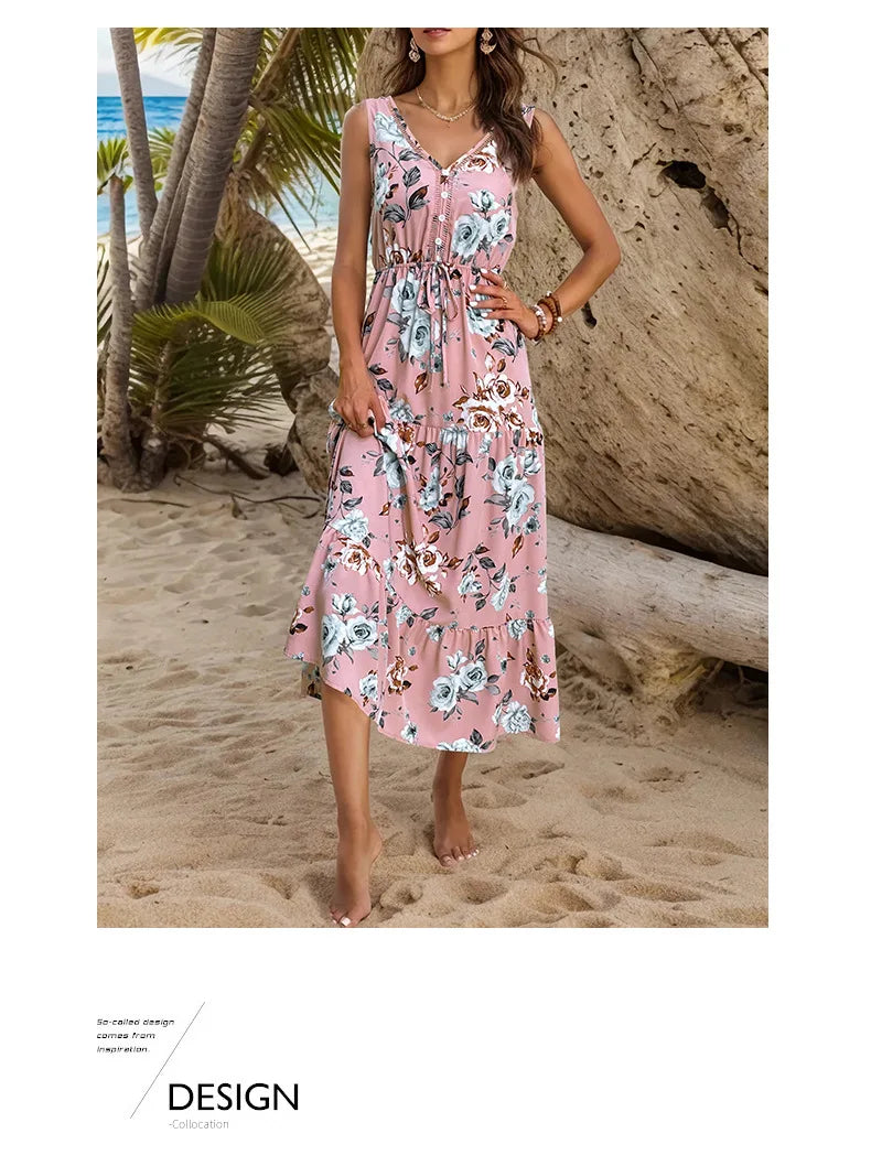 Vestido Largo Casual Floral Escote V Sin Mangas Mujer