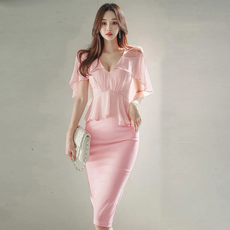 Pink Pencil Dress - Cloak V-Neck Midi Party