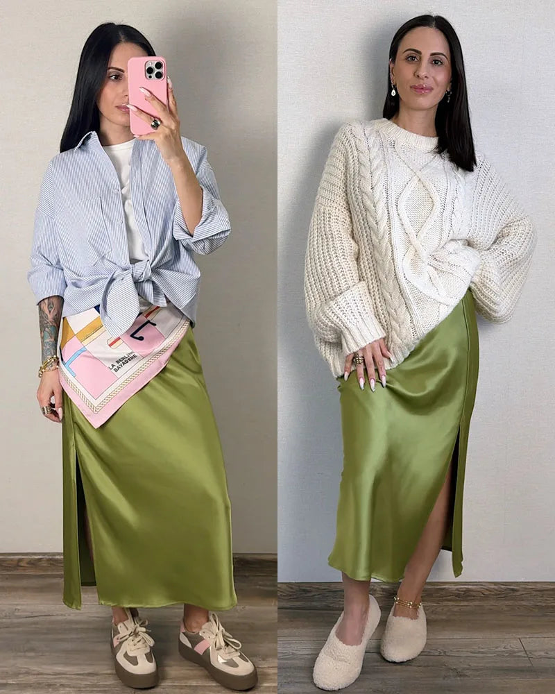 Satin Midi Skirt - A-Line Side Slit