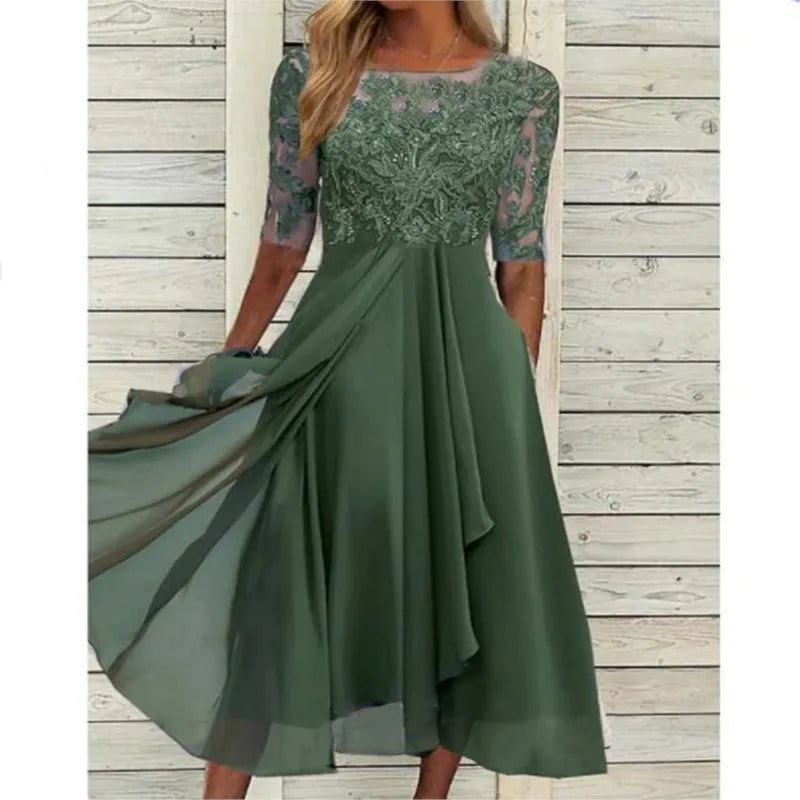 Vestido Midi Elegante Mujer Asimétrico Encaje Chifón Banquete