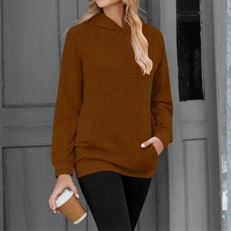 Polerón Mujer Capucha Manga Caída Color Sólido Bolsillos