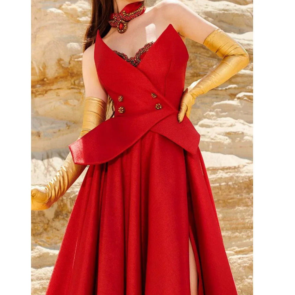 Evening Dress - Red Sleeveless Pleat Beading Draped