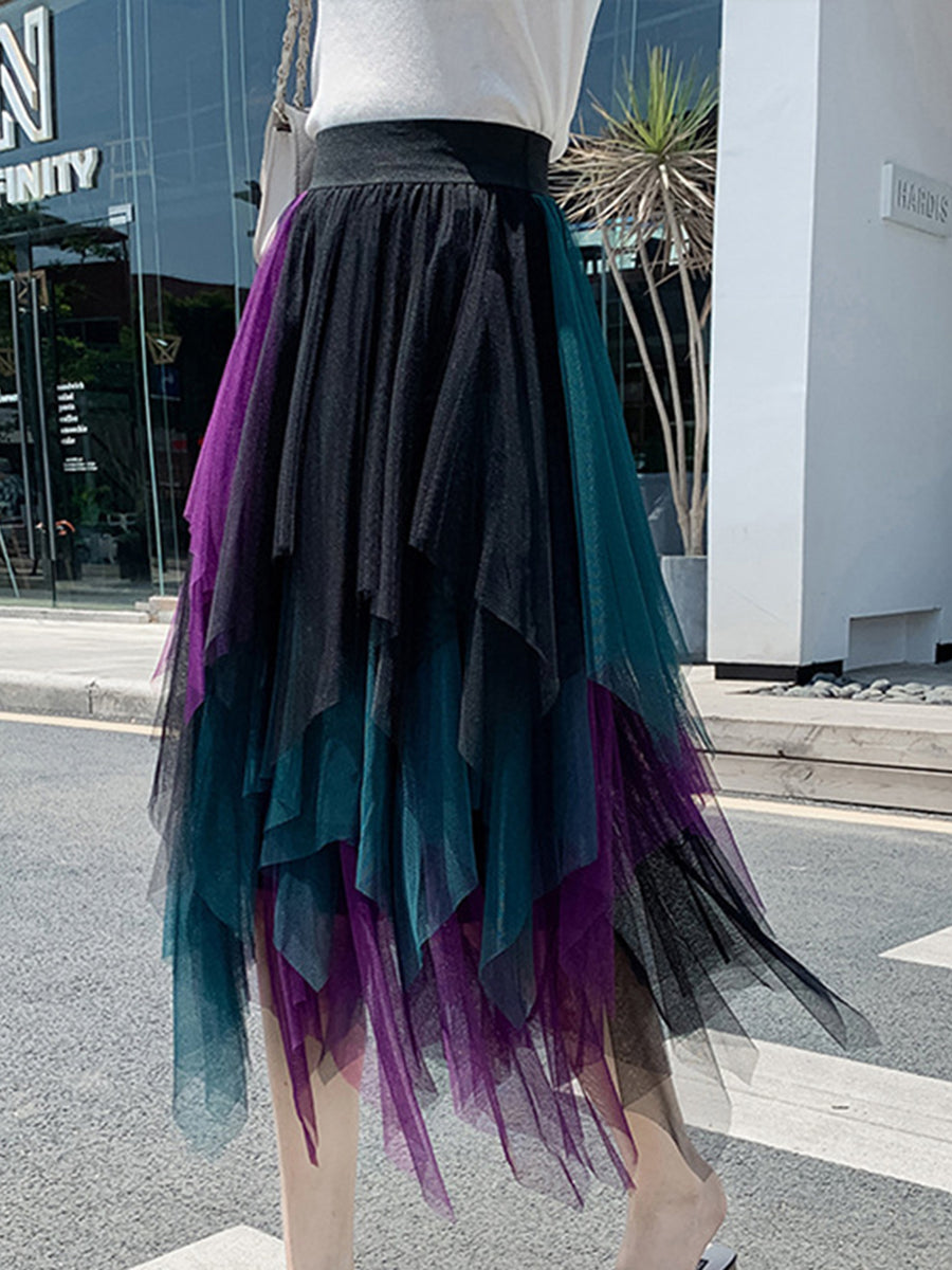Tulle Midi Skirt - Elastic Waist Contrast Color