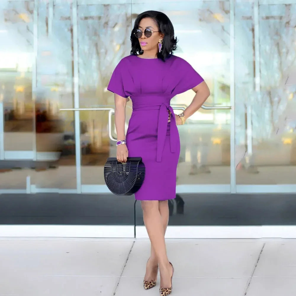 Pencil Midi Dress - Short Sleeve Belt Party