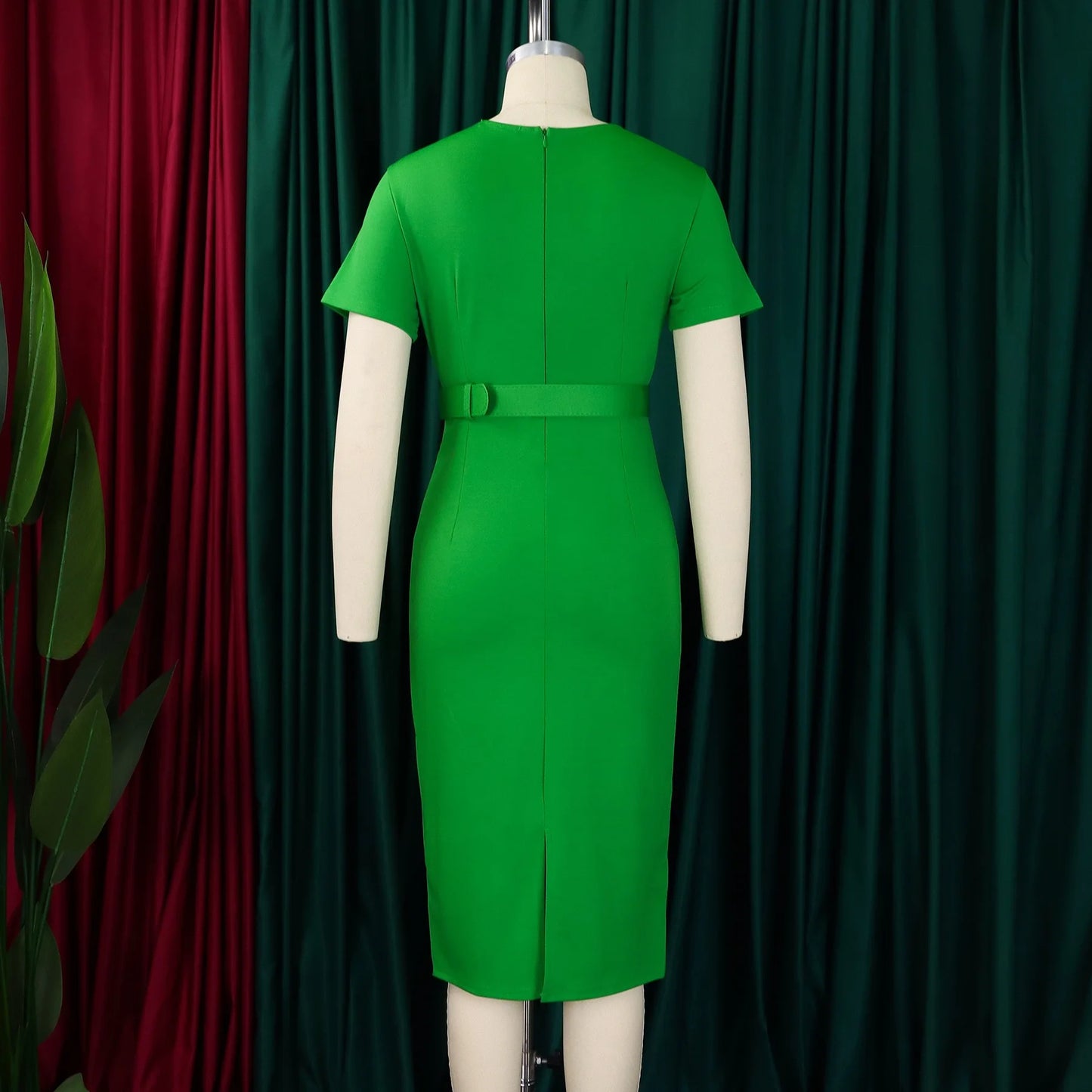 Office Dress - V Neck Belt Pleated Midi