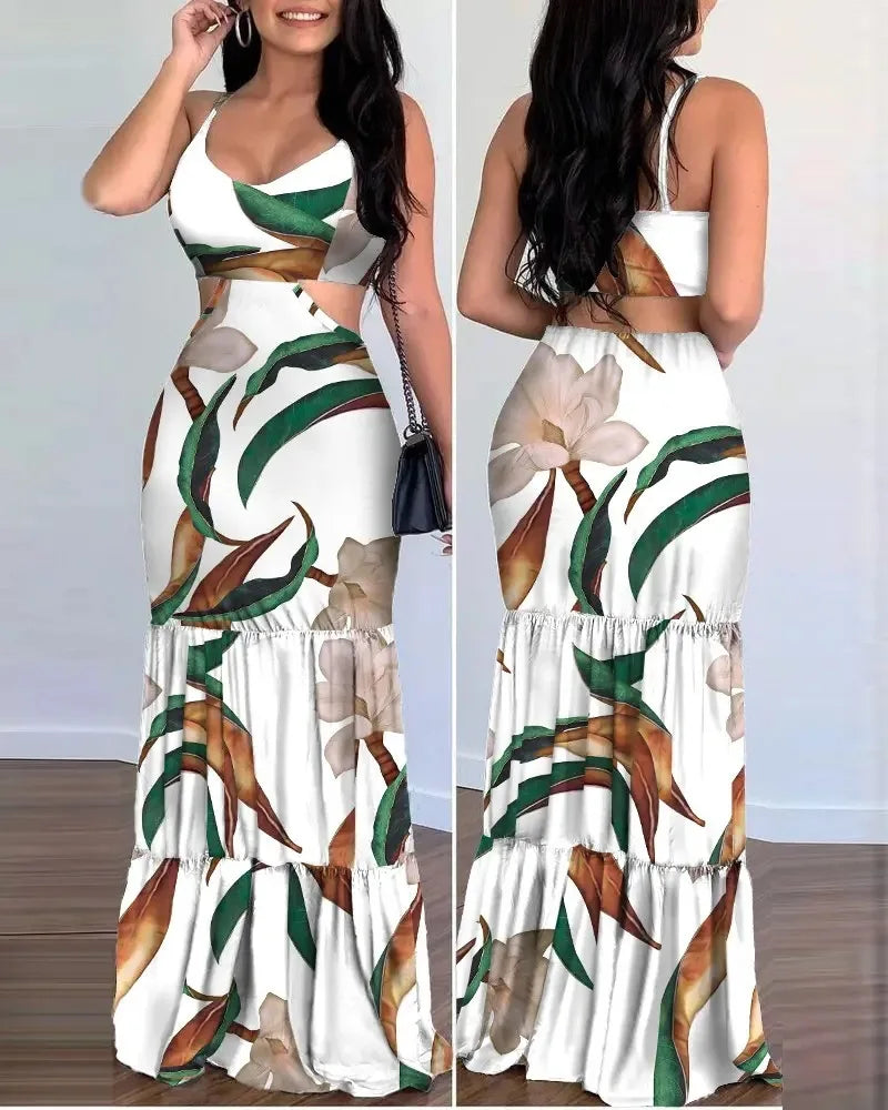 Pencil Dress - V Neck Backless Print Sleeveless