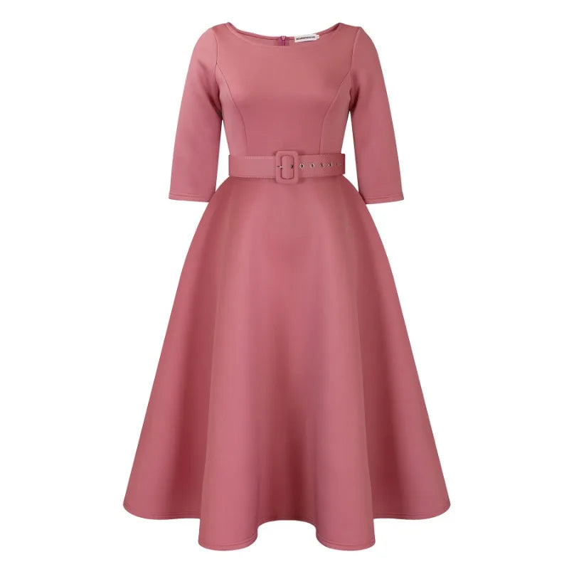 Party Dress - A-Line Belt Three Quarter Sleeve