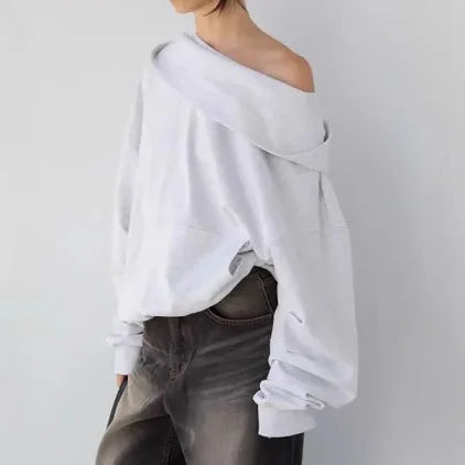 Polerón con Capucha Mujer Hombro Descubierto Urbano Manga Larga