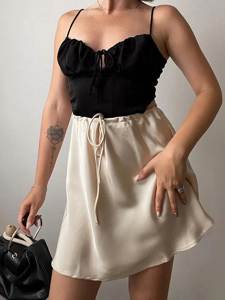 Satin Mini Skirt - Drawstring High Waist A-Line