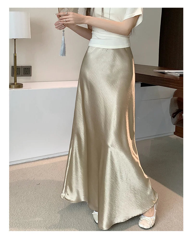 Pink Satin Midi Skirt - High Waist Fishtail Wrap