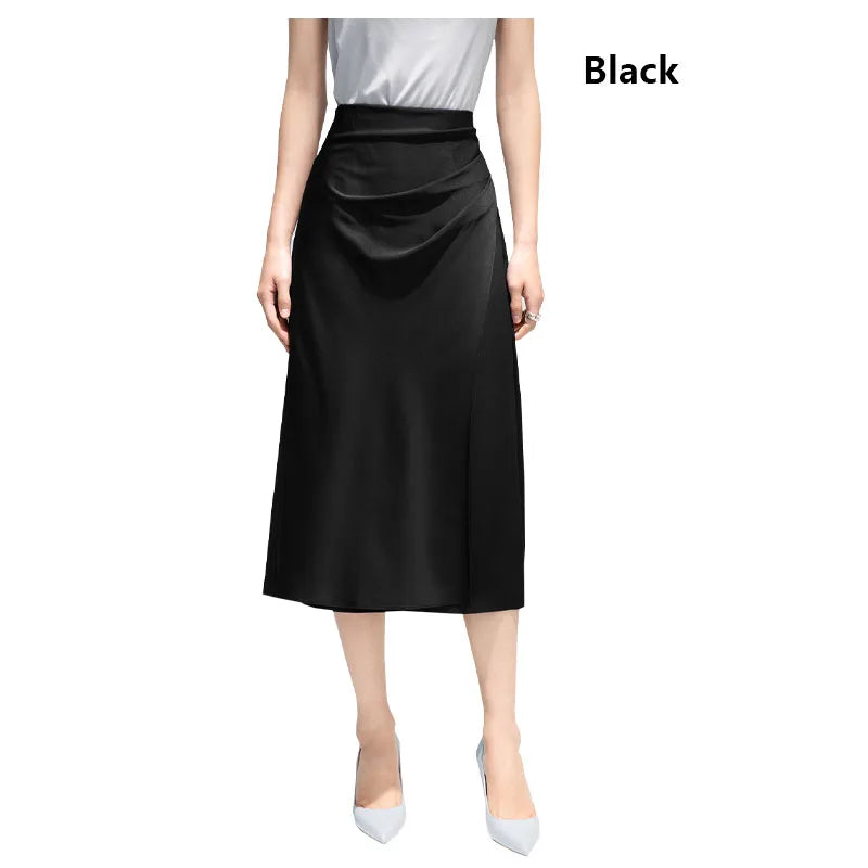 Satin Pleated Midi Skirt - French Simple