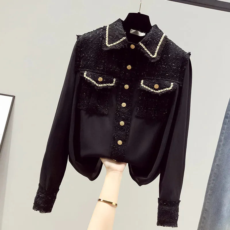Blusa Tejido Texturado Tweed Patchwork Cuello Vuelto Manga Larga