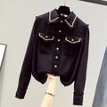 Blusa Tejido Texturado Tweed Patchwork Cuello Vuelto Manga Larga