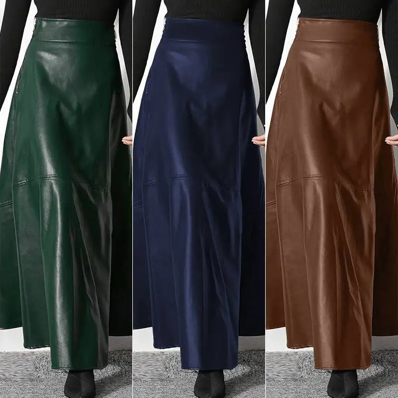 PU Leather Maxi Skirt - High Waist Zipper Style B