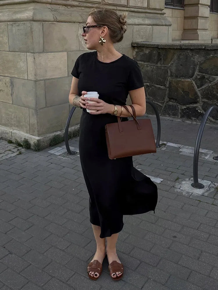 Satin Midi Skirt - A-Line Side Slit