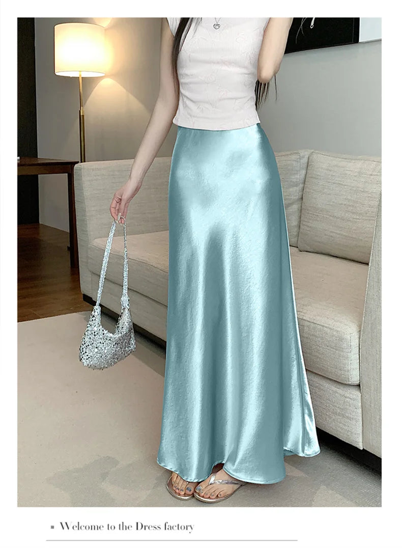 Pink Satin Midi Skirt - High Waist Fishtail Wrap