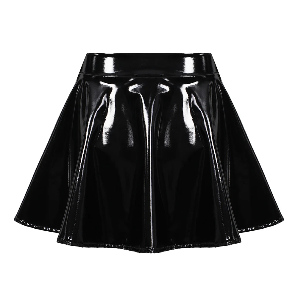 Women's Sexy Glossy Patent Leather Flared Miniskirt Dance-Performance Hot Pleated Skirt A-Line Skirt Clubwear Cosplay Costume