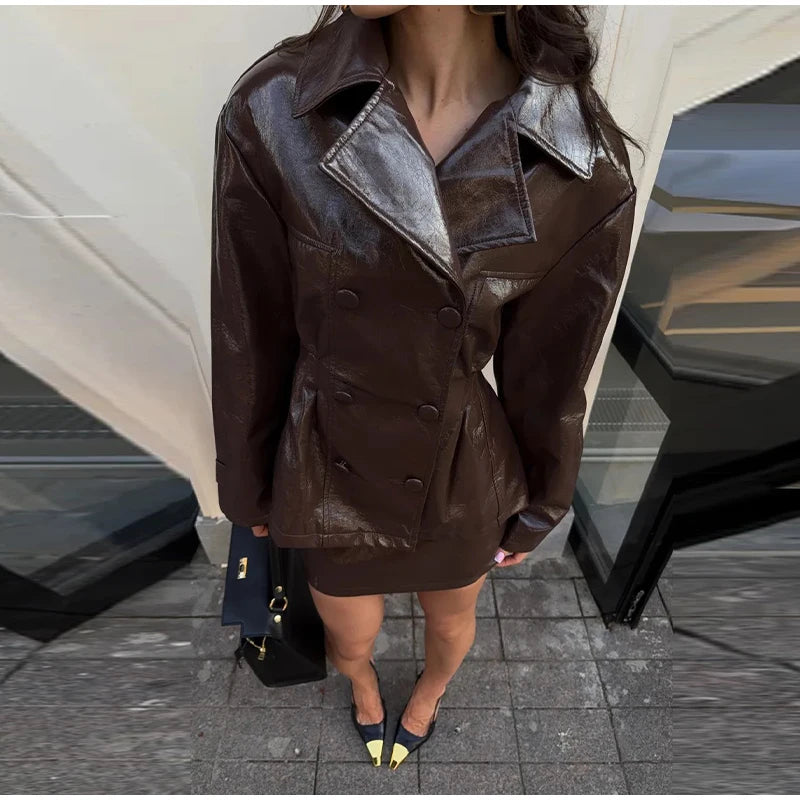 Two Piece Set - Leather Jacket & Mini Skirt