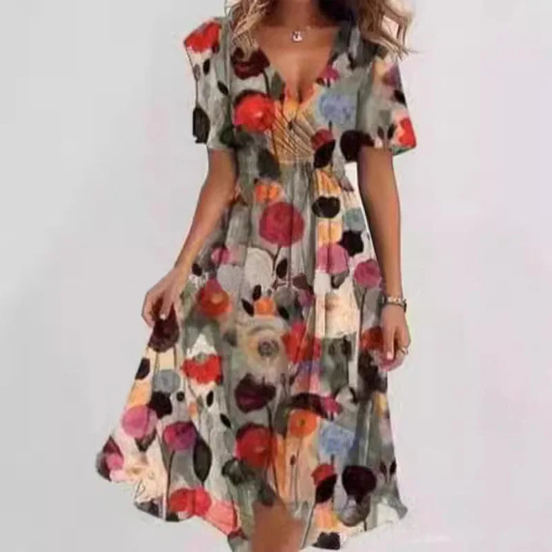 Elegant Women's Spring And Summer Short Sleeved Loose A-line Dress Women's Casual V-neck Floral Print Beach Style Dresses Midi