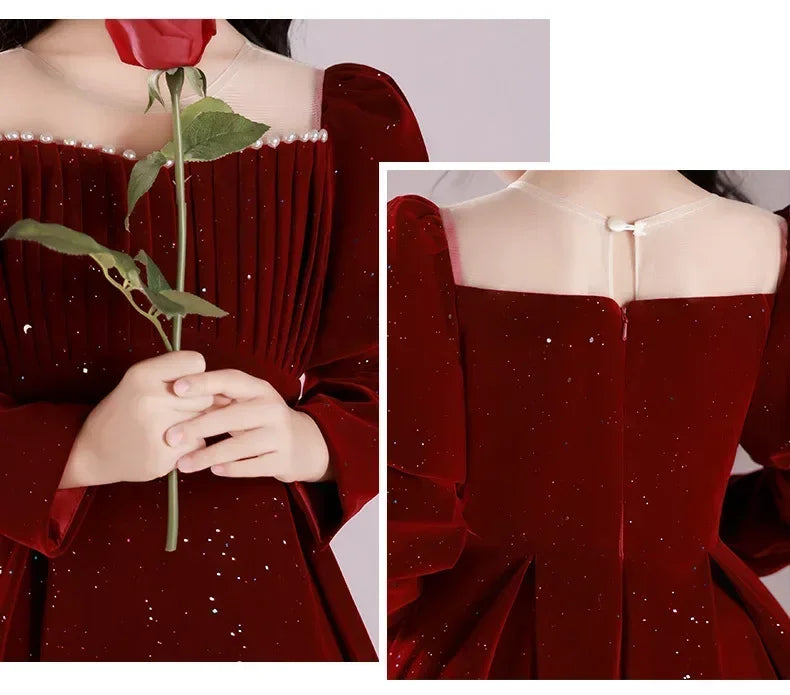 Vestido Fiesta Niña Lentejuelas Rojo Vino Manga Puff