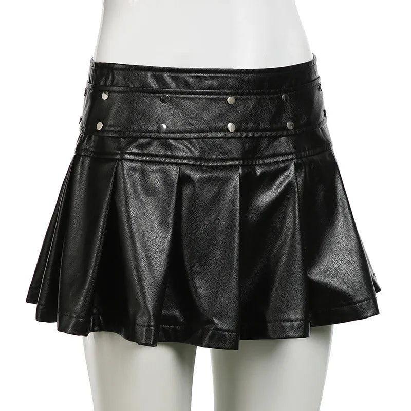 2025 New Vintage Dark Punk Rivet Faux Pu Leather Pleated Skirts Y2K Grunge Streetwear Women Gothic Dropped A-Line Mini Skirt Zip