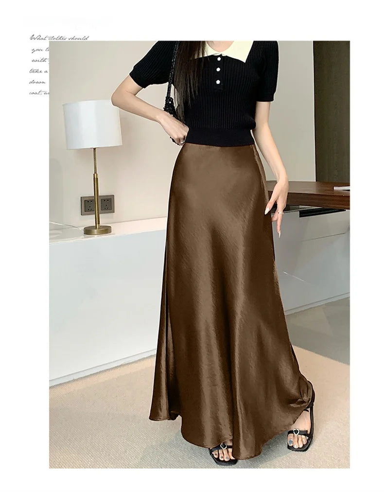 Pink Satin Midi Skirt - High Waist Fishtail Wrap