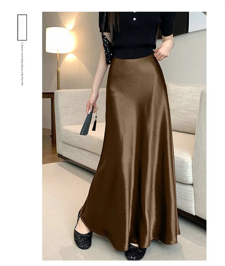 Pink Satin Midi Skirt - High Waist Fishtail Wrap