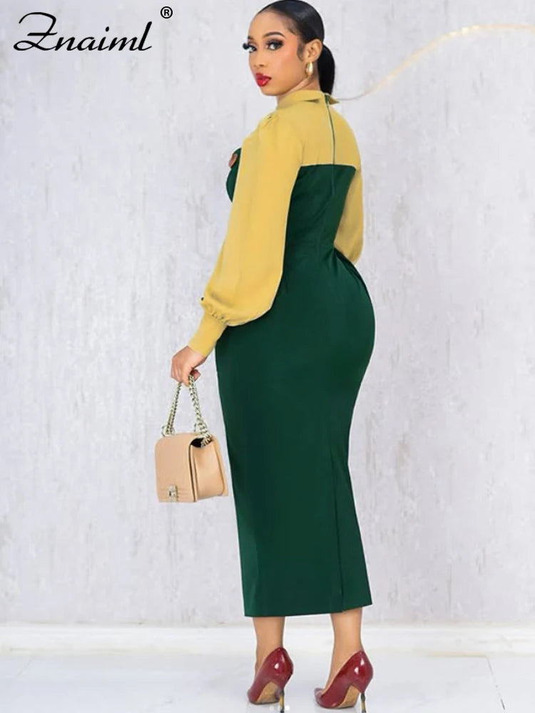 Pencil Midi Dress - Green Patchwork Button Office
