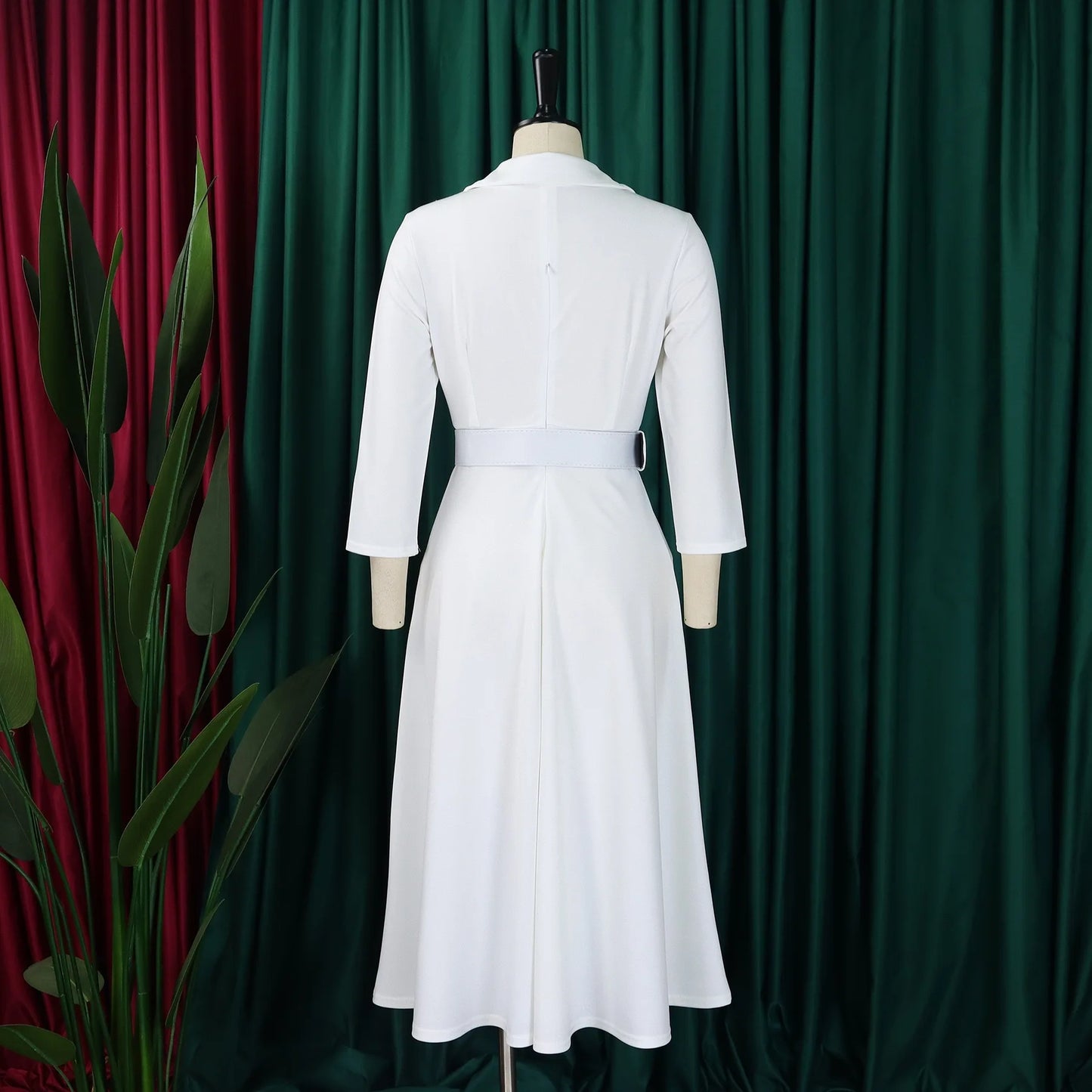 Office Dress - Turn Down Collar Belt Pleated African