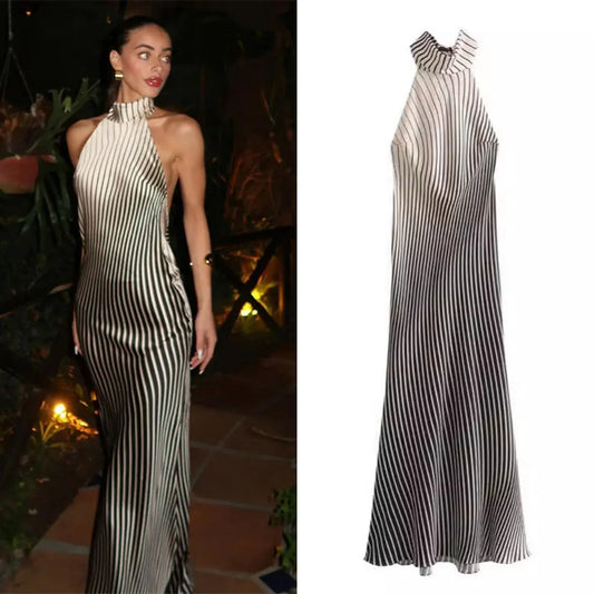 Party Dress - Stripe Halter Backless Evening