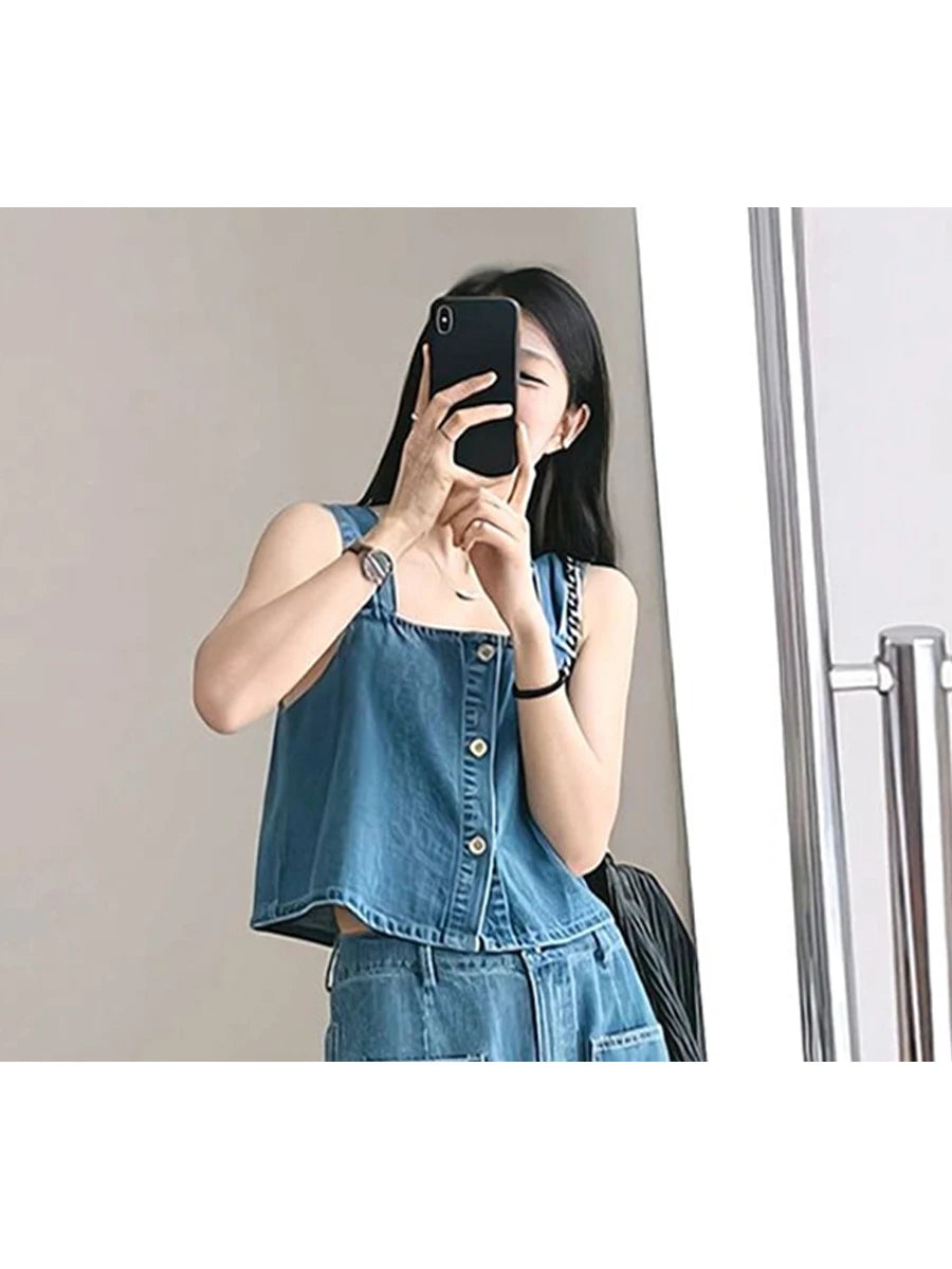 Denim Two Piece Set - Sleeveless Top & Wide Leg Pants