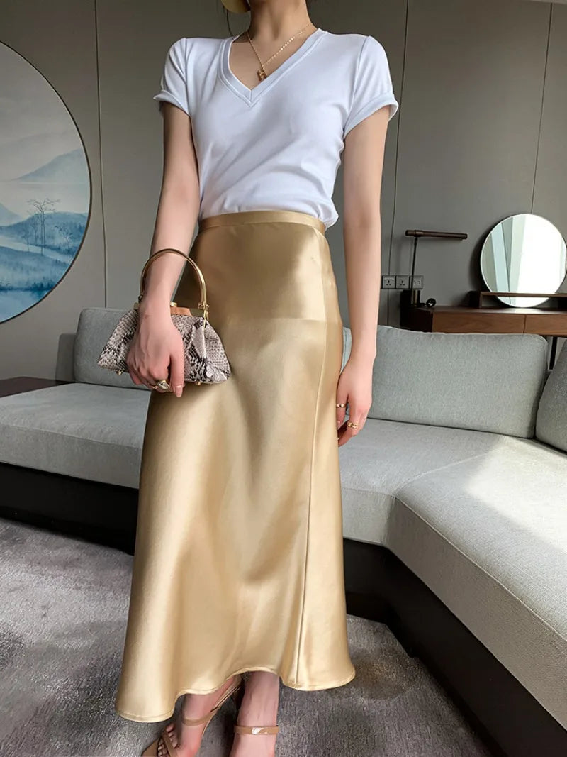 Satin Long Skirt - High Waist A-Line Black