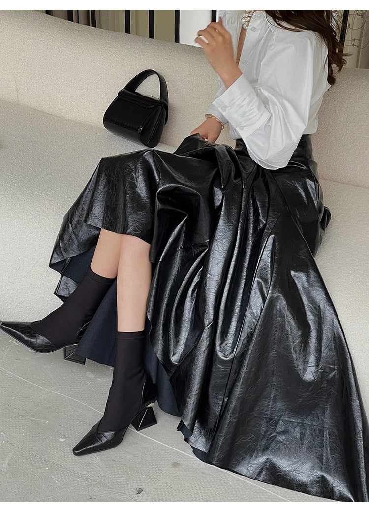 PU Leather Maxi Skirt - High Waist Pleated Black