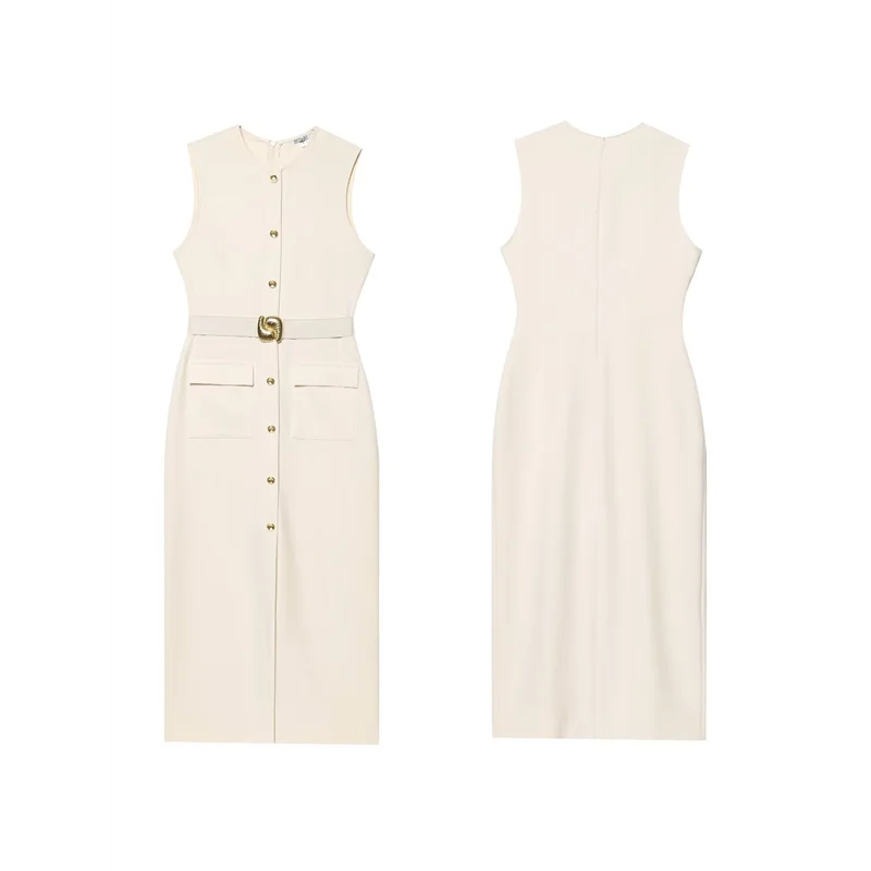 Work Dress - Sleeveless Button Down Belt 2025